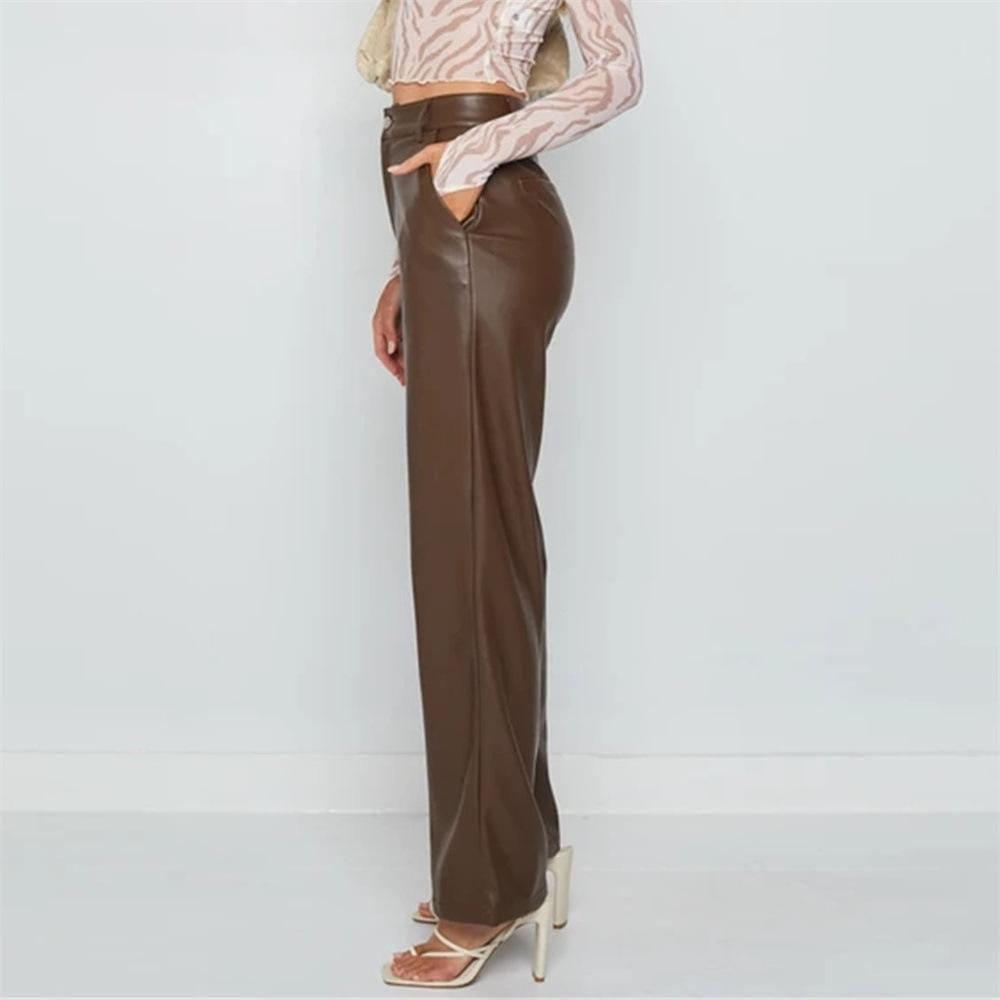 Women Solid Fashion Faux Leather Pants Slim Casual Trousers