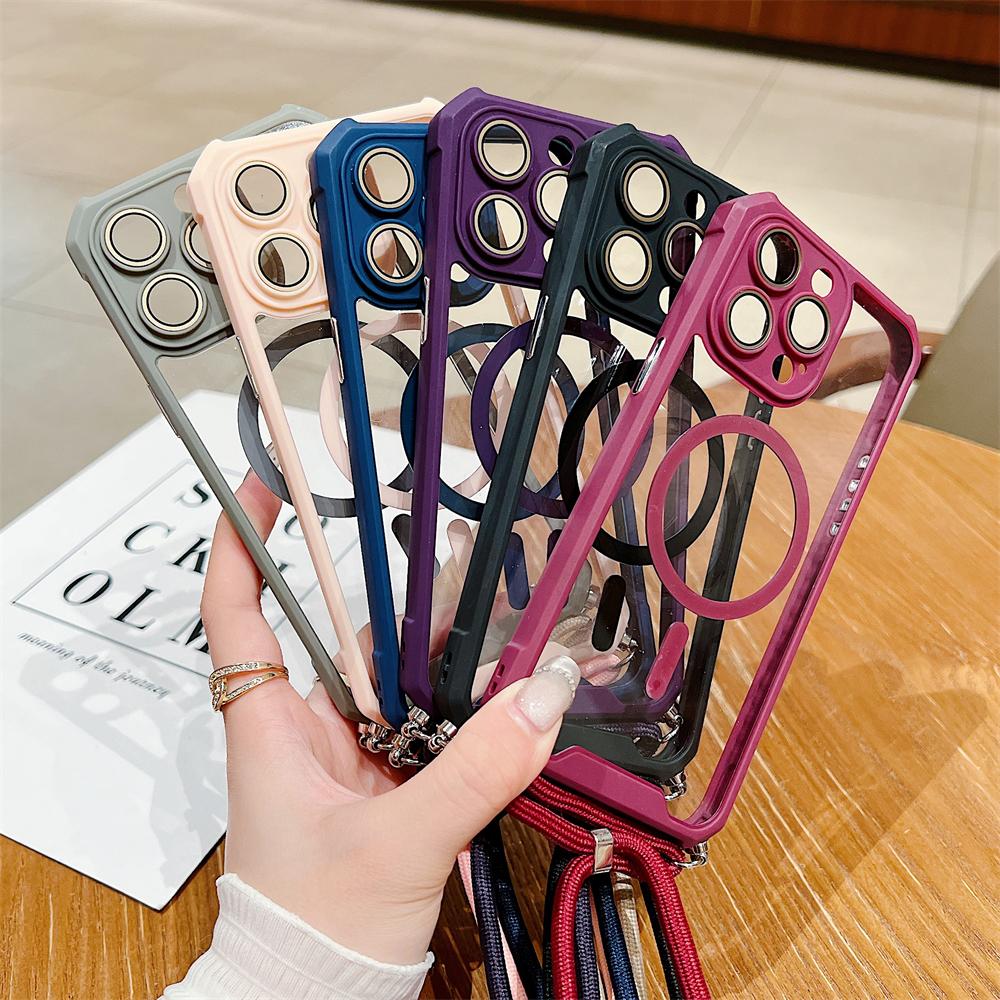 Магнитный прозрачный чехол для iPhone 15 14 13 12 11 Pro Max Plus для Magsafe Crossbody Lanyard Жесткий акриловый чехол