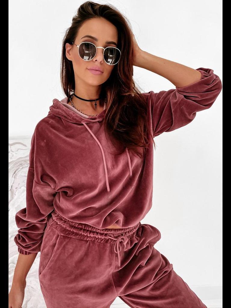 Женский однотонный повседневный костюм из золотистого бархата с капюшоном - Осень/Зима 2021