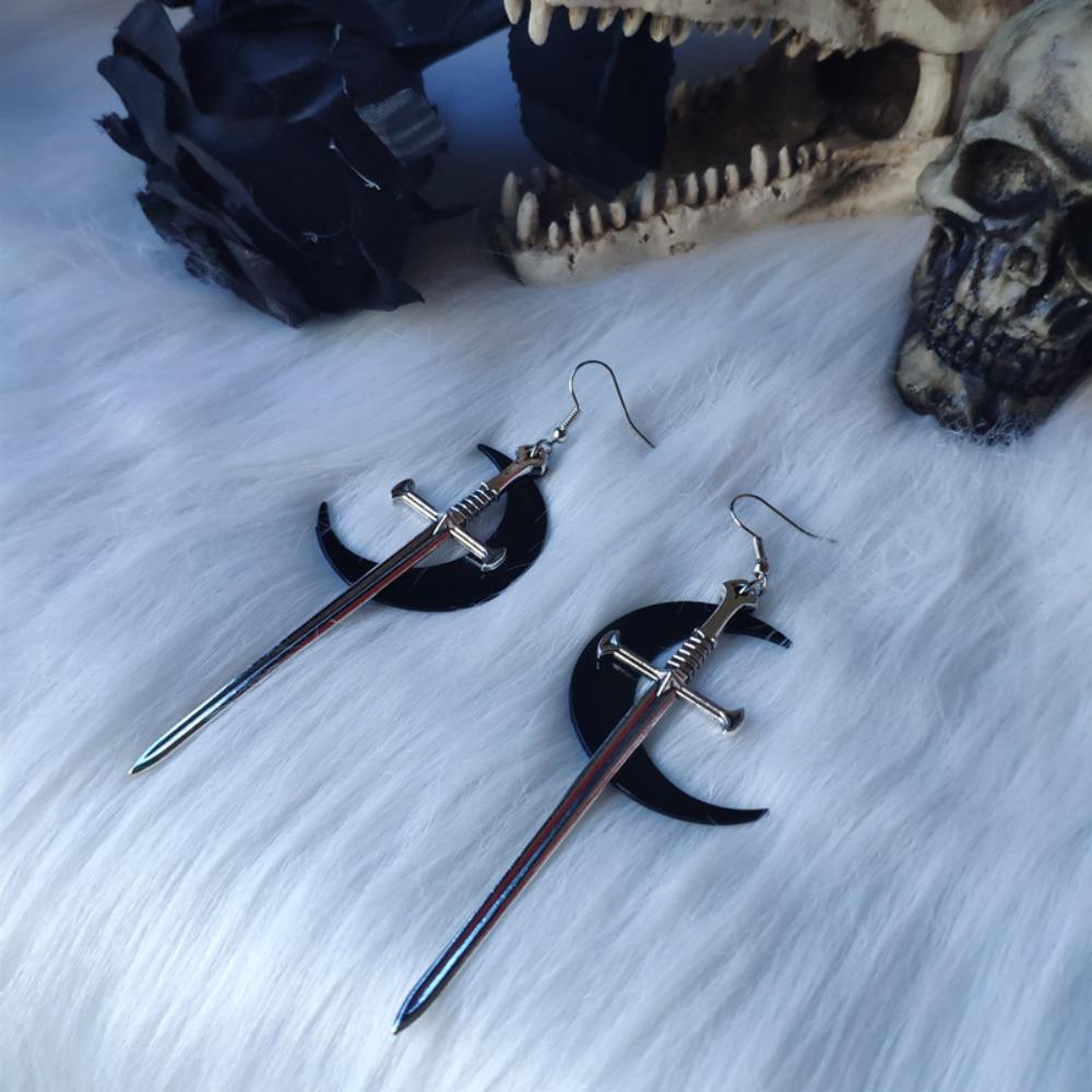 Personality Gothic Stainless Steel Sliver Color Long Sword Black Moon Dangle Earrings for Women Halloween Demon Style Jewelry