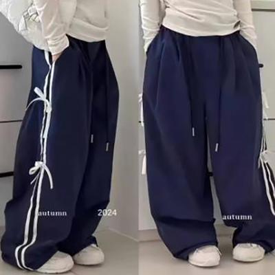 Весенние брюки для девочек, детские спортивные штаны с бантом, осенние милые брюки, повседневные брюки в полоску, детское свободное нижнее белье