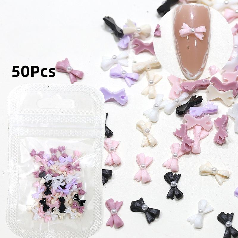 50/60Pcs Mix Color Bow With Pearl Korea Style Nail Art Charms 3D Pink Black White Bowknot Nail Accessories Diy Design