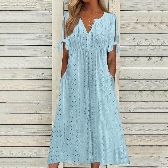 Женское летнее платье макси в стиле бохо с люверсами, пуговицами, V-образным вырезом, завязкой-узлом, коротким рукавом, летнее пляжное платье-сарафан для отдыха