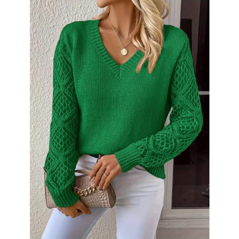 Женская мода повседневная однотонная принтованная осень-зима с длинным рукавом и V-образным вырезом свитера