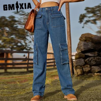 Винтажные потертые полуэластичные повседневные брюки-карго из денима с несколькими карманами для женщин