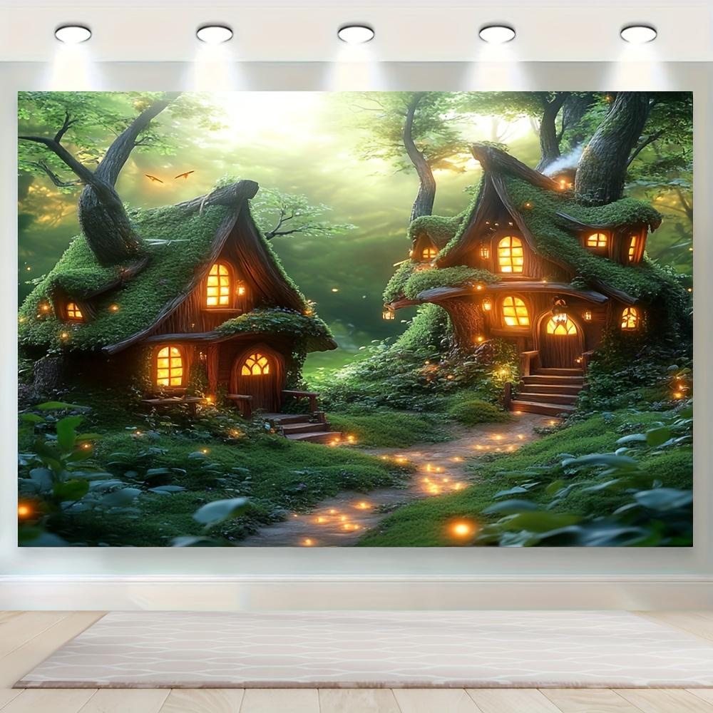 Enchanted Forest Tapestry Cozy Tree Houses with Glowing Lights for Fantasy Home Decor Perfect Wall Art for Living Room or Kids