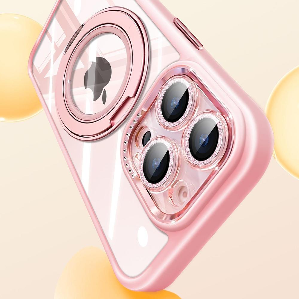 For iPhone 16 Pro Case Magnetic Rotating Kickstand PC+TPU Phone Cover with Glitter Camera Lens Film