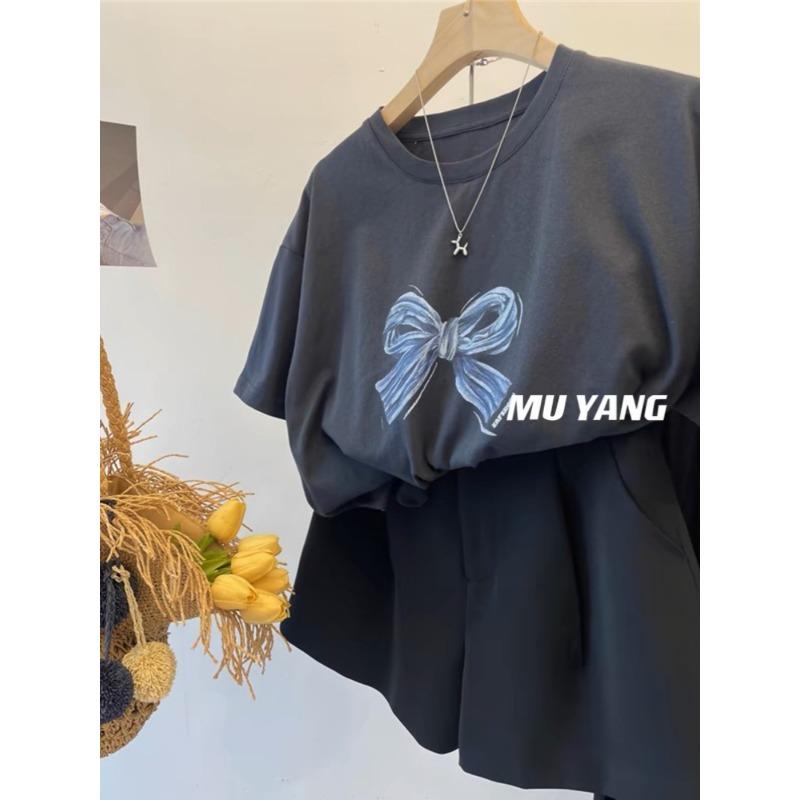 Женская свободная повседневная футболка с принтом, летний топ с короткими рукавами и открытыми плечами