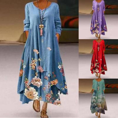 Свободное платье Платье трапециевидной формы с цветочным принтом длиной до щиколотки и цветочным принтом с карманом для отдыха