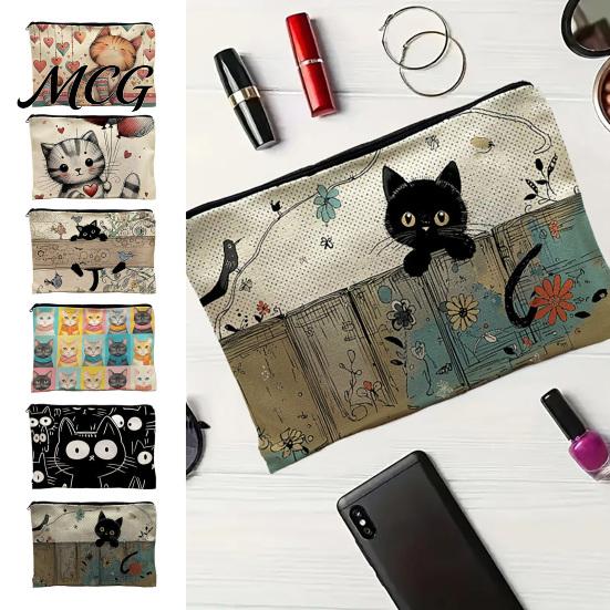 Leak-proof Storage Pouch Cat Printed Bag, with Smooth Zipper, Thickened Polyester Black Zipper Bag Makeup Multipurpose Pencil Case Travel Toiletry