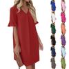 Женское летнее однотонное платье с короткими рукавами, V-образным вырезом, повседневным платьем с завязками и карманами