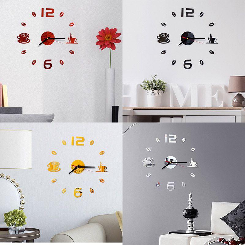 Элегантные 3D DIY Наклейки на стену в виде акрилового зеркала в форме кофейной чашки с часами для домашнего декора, наклейки-муралы