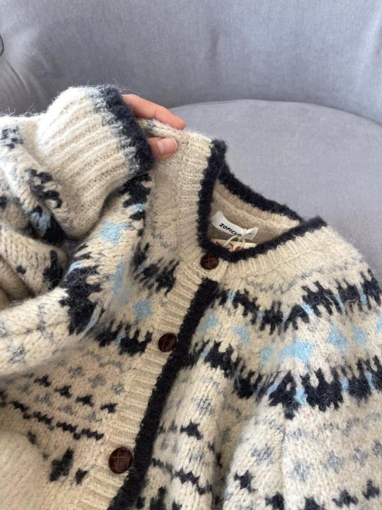 Женский вязаный кардиган с круглым вырезом и жаккардовым узором в стиле ретро, Осень/Зима, Толстое однобортное пальто-свитер с узором Фэр-Айл.