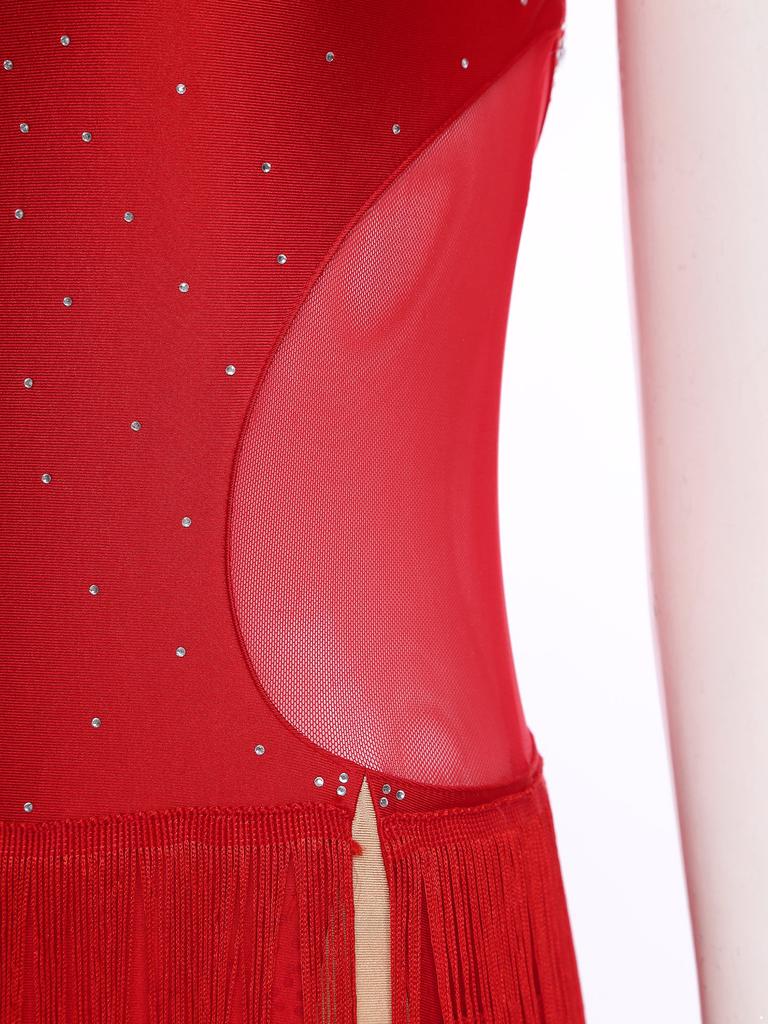 Женский костюм для латиноамериканских танцев и танго, прозрачная сетка, пэчворк, вырез на спине, блестящие стразы, асимметричное платье с бахромой