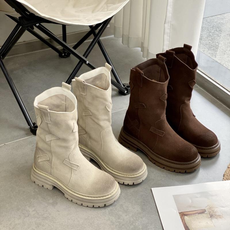 Модные однотонные женские сапоги, полусапожки, женские ботильоны с круглым носком и толстым каблуком, осенне-зимние женские туфли