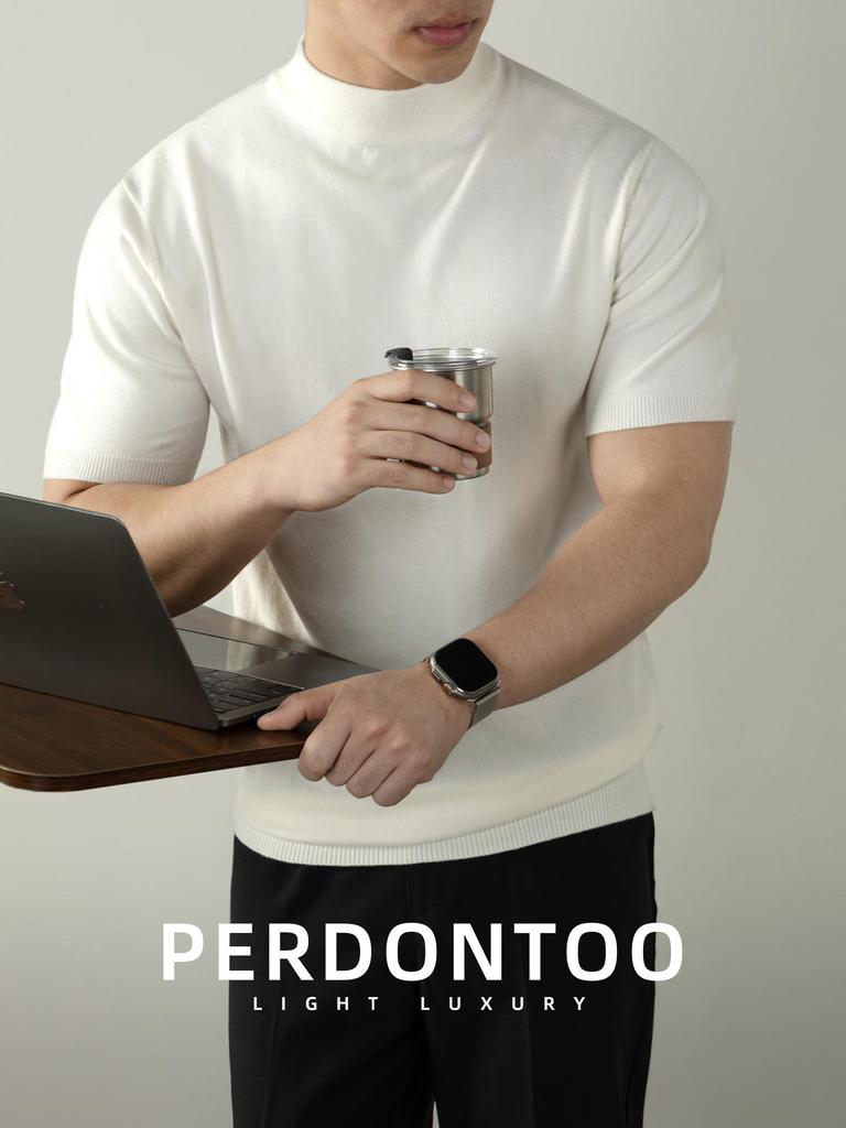 Итальянская легкая роскошь Мужская шерстяная короткорукавная вязаная футболка с высоким воротником для поездок на работу и повседневной носки Осень/Зима