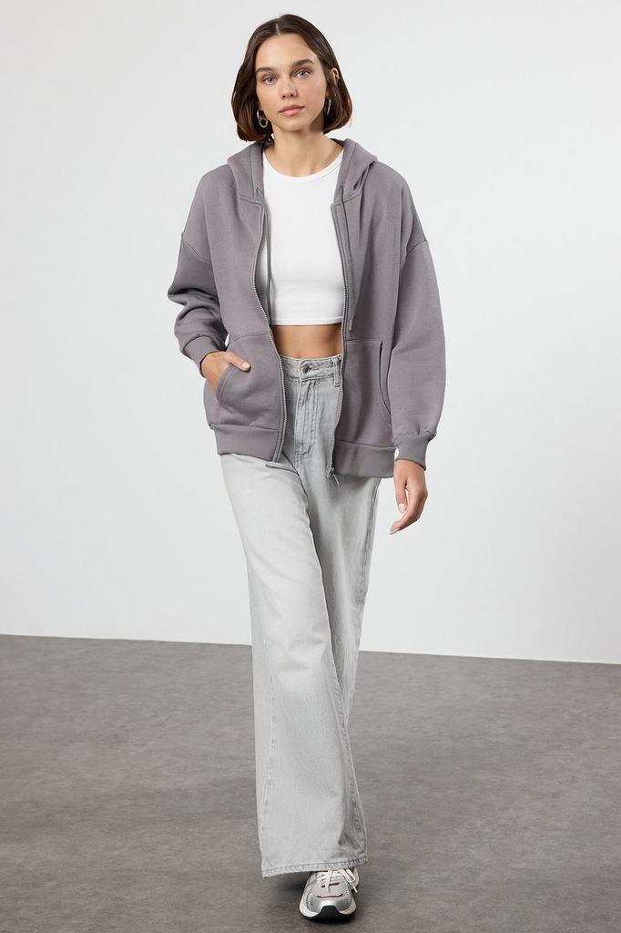 Women's Fashionable Stylish Sweatshirt Stone Oversize Comfortable Cut Basic Hooded Zippered Thick Inside Fleece Knitted Sweatshirt