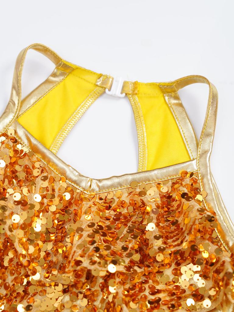 Girls Tiered Ruffle Sequins Dance Dress V Neck Sleeveless Cutout Metallic Design Stage Performance Gown