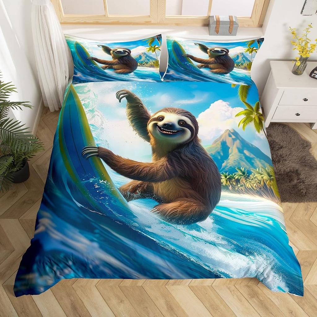 Cute Sloth Duvet Cover Watercolor Floral Bedding Set Lovely Jungle Animal Comforter Cover Twin King Kawaii Sloth Bedspread Cover