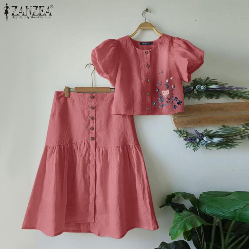 ZANZEA Женские летние комплекты с круглым вырезом, коротким рукавом и цветочным принтом, рубашка с карманом и юбкой-трапецией