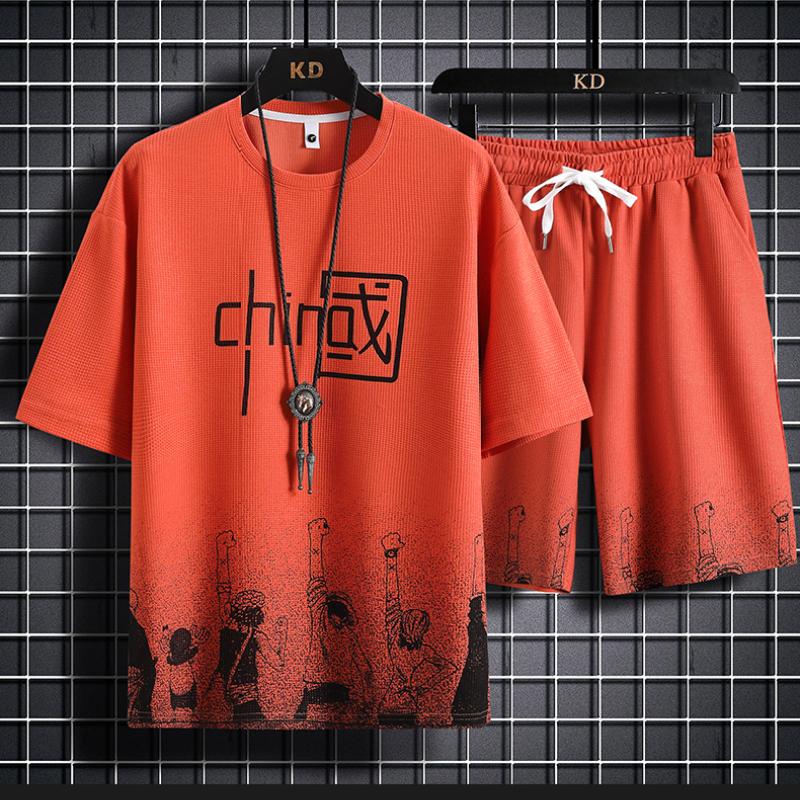 Летние мужские комплекты из двух предметов с аниме-принтом, футболка + шорты, костюмы с градиентом, льняная ткань, повседневный костюм, мужской спортивный костюм с короткими рукавами