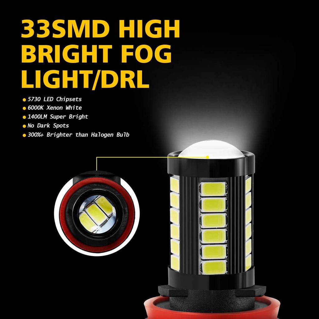 AUXLIGHT H11 H8 H11LL H8LL H16 (Japanese) LED Fog Light Bulbs 6000K Xenon White, Super Bright 2800 Lumens 33-SMD Chips LED Daytime Running Lights DRL