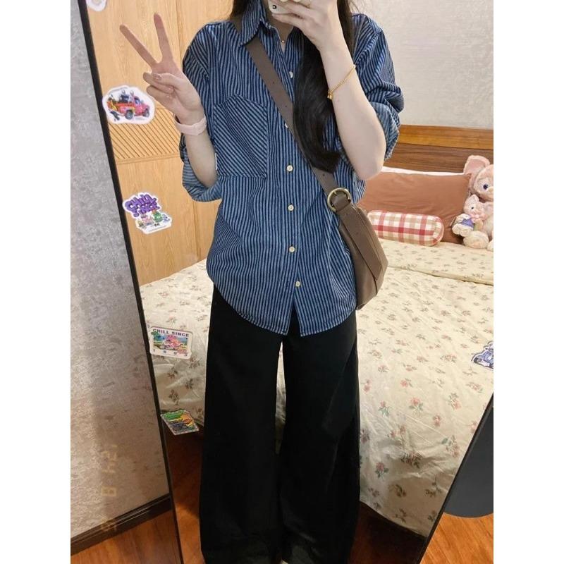 Ретро Синяя Полосатая Рубашка Женская Весенняя и Осенняя Новая Свободная Повседневная Рубашка Куртка