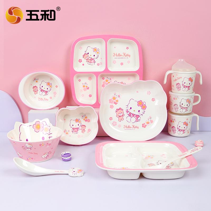 Для Hello Kitty Посуда Милый Цветок Вишни Детская Мультяшная Посуда Миска для Риса Салата Чашка для Воды Ложка Тарелка с защитой от ожогов