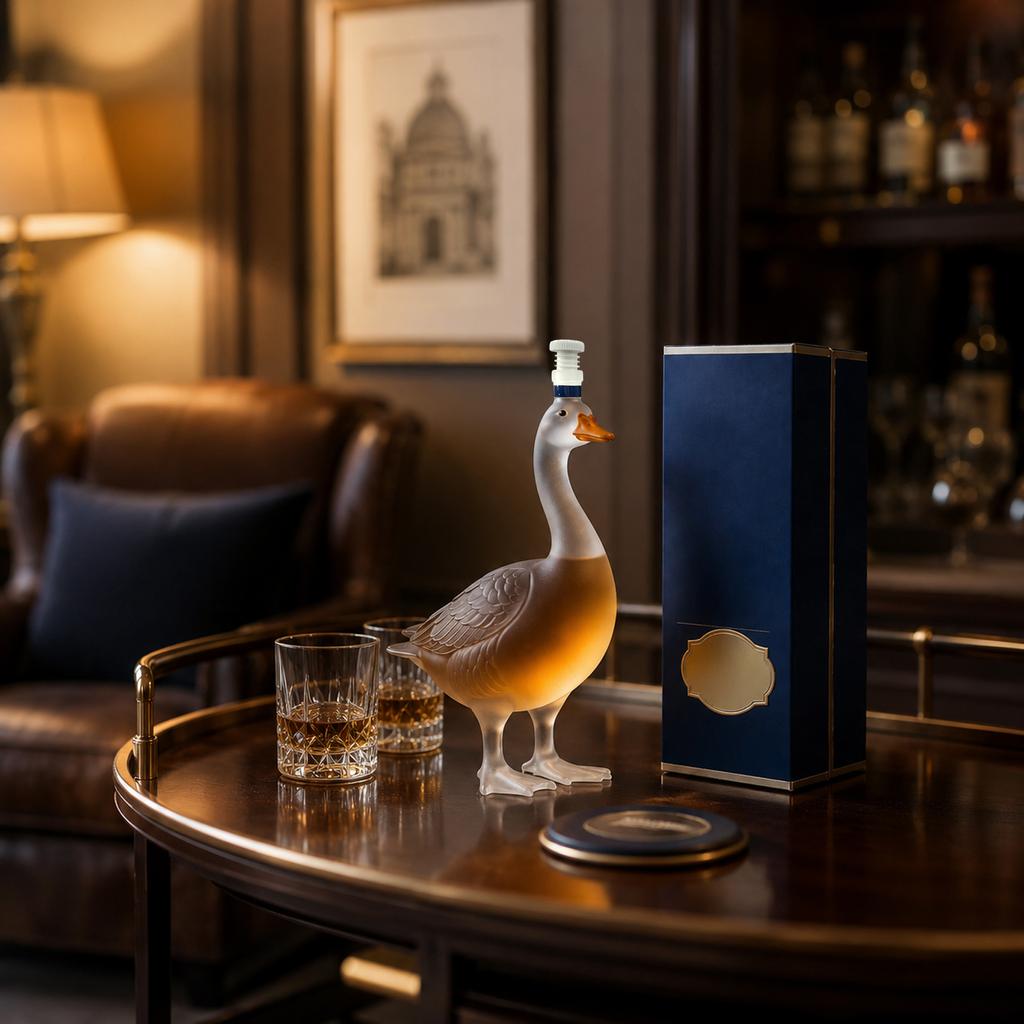 Frosted Glass Goose Shaped Liquor Bottle with Decorative Cap Unique Animal Decanter for Spirits and Collectibles in Gift Box Packaging
