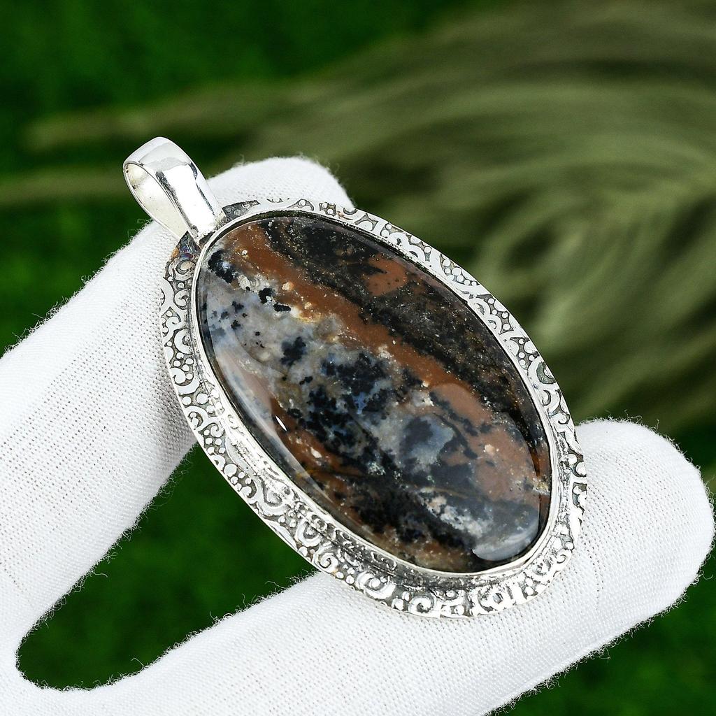 Oval Honey Dendrite Opal Stone Bezel Sister Art Deco Artisan Pendant 925 Silver