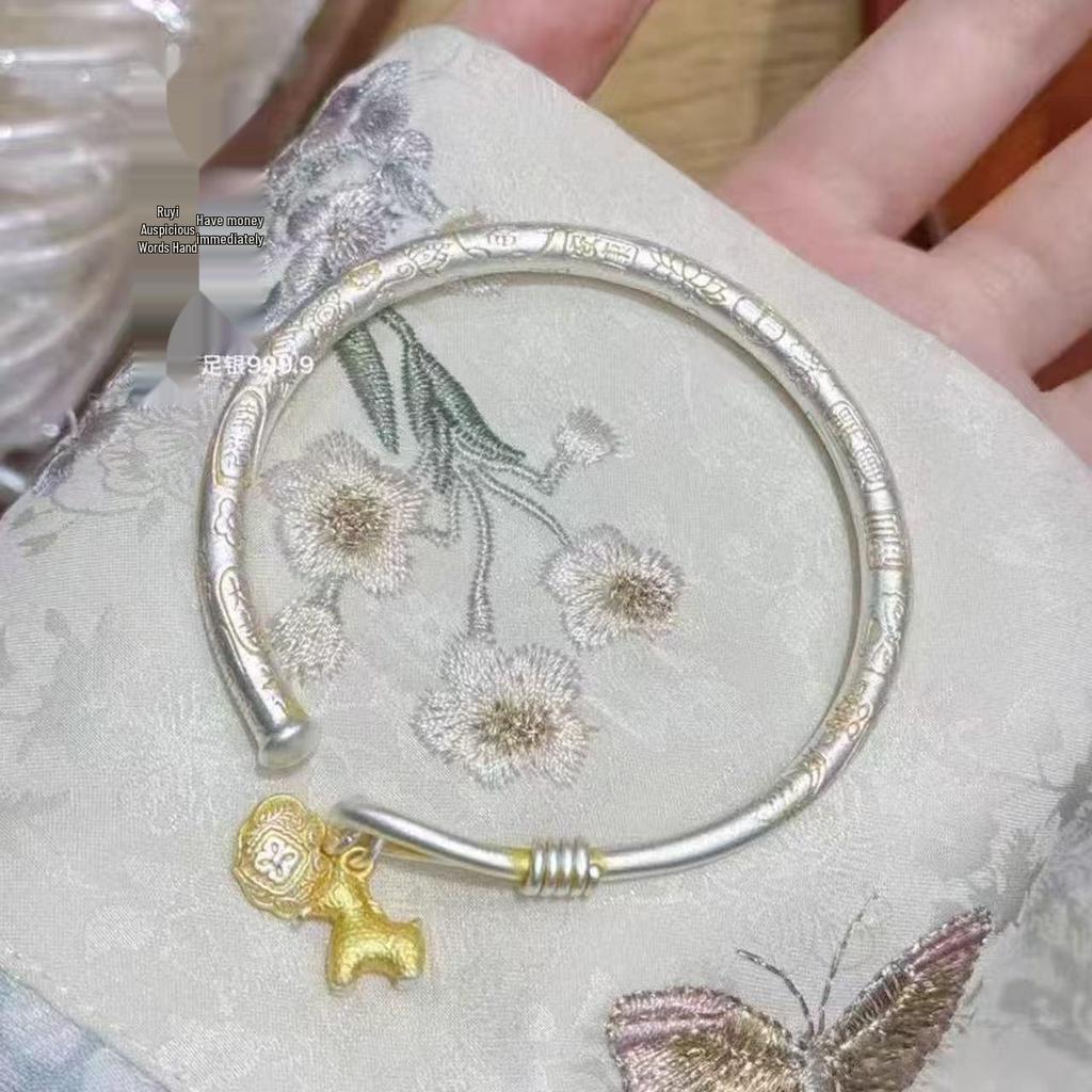 9999 Sterling Silver Gold Painted Peace Lock Bracelet - Women's Luxurious Chinese Style with Auspicious Words for Prosperity and Peace
