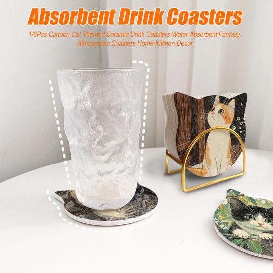 1/6Pcs Cartoon Cat Themed Ceramic Drink Coasters Water Absorbent Fantasy Atmosphere Coasters Home Kitchen Decor