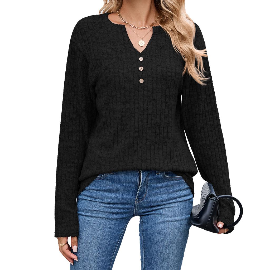 New Autumn and Winter V-neck Button Loose Long-sleeved Strip Stretch Solid Color T-shirt Top for Women