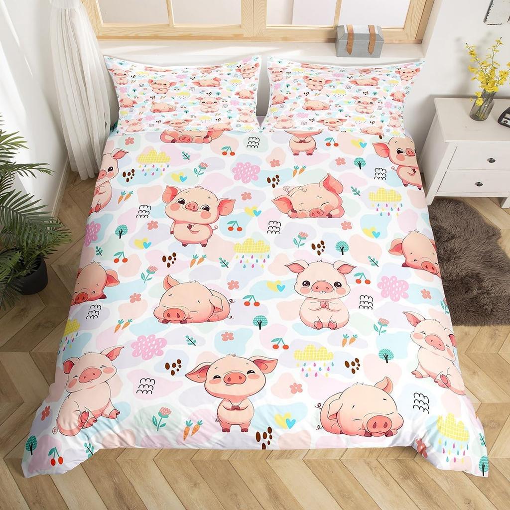 Pink Pig Duvet Cover For Girls Kawaii Room Decor Twin, Rose Floral Leaves Comforter Cover Cute Farm Animal Cartoon Bedding Set