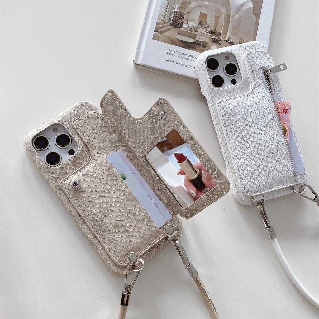 For iPhone 16 Pro Max Case Zipper Card Holder Mirror Snake Texture PU+PC Back Cover with Lanyard