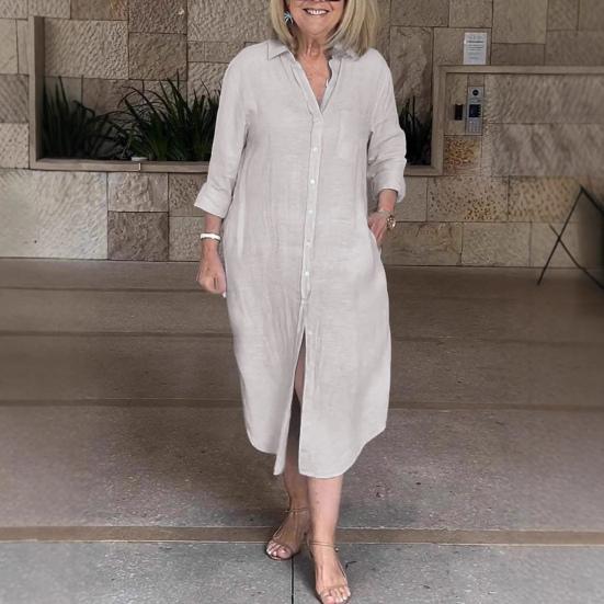 Women's Long Sleeve Button Down Shirt Dress Loose Cotton Linen V Neck Long Dress with Pockets Summer Casual Outfit