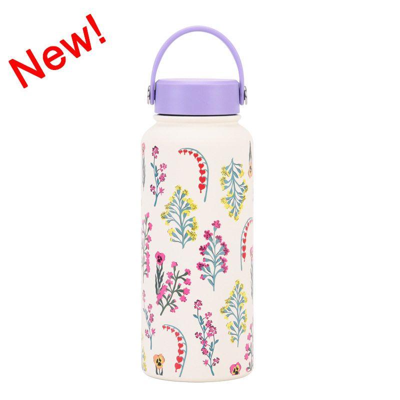 2025 New Model 1L Large Capacity Thermos Cup with Wide Mouth, Portable Handle, Sports Water Bottle, Outdoor Printed Water Cup for Women