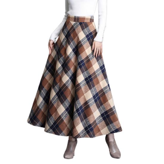 Женская шерстяная юбка с высокой талией и клетчатым принтом, юбка-трапеция, осень-зима, утолщенная юбка с большим подолом, повседневная одежда