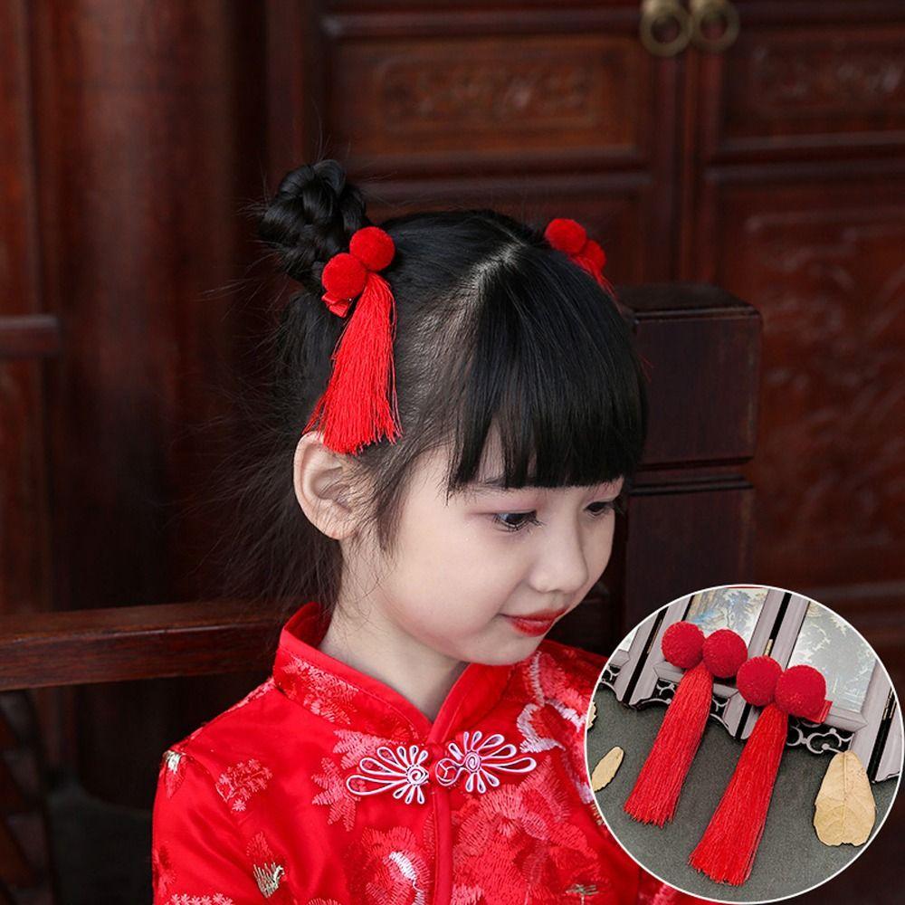 New Year Red Flower Duckbill Clips Children Barrettes Chinese Hanfu Hair Clips Festival Hairpins