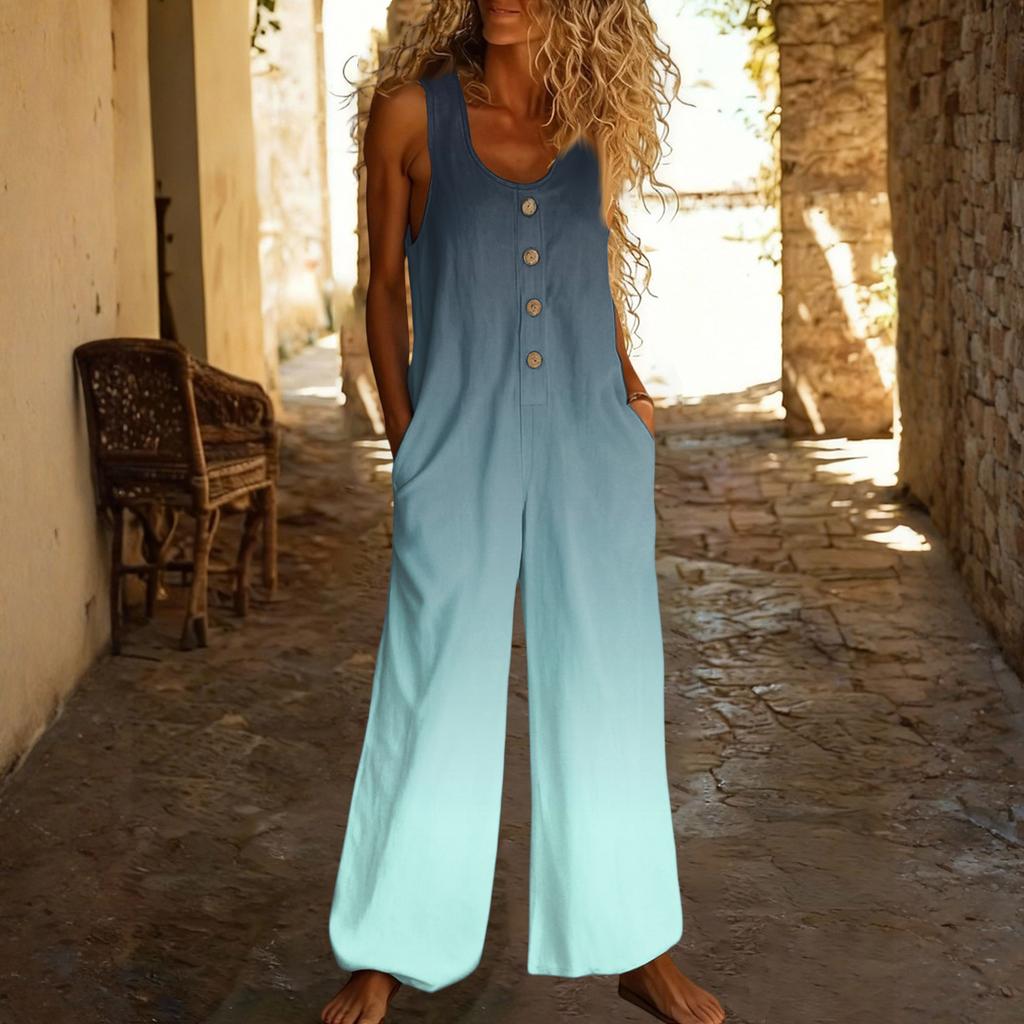Повседневный свободный комбинезон без рукавов с карманами и регулируемыми бретелями для женщин (Большая длина).