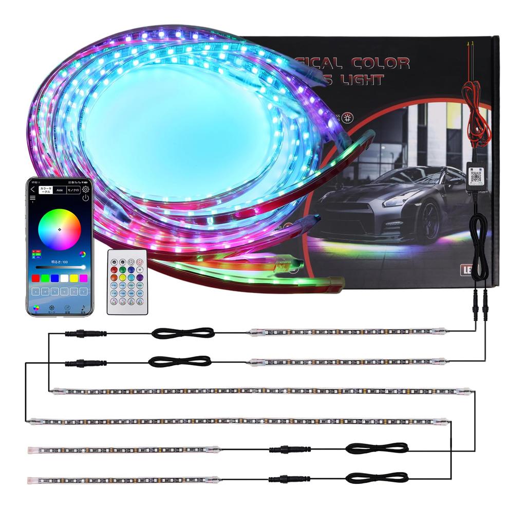 LAVERSTRA LED Underneon RGB Car IP67 Ambient 210 Lighting 16 Million Rainbow App Smartphone Remote Sound Set of 6 X 2 X Strips, High-Brightness