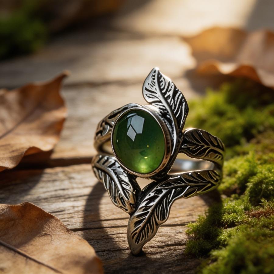 Natural vintage women's leaf wrap ring in silver tone with engraved leaves and inlaid oval green synthetic gemstones, bohemian style fashion