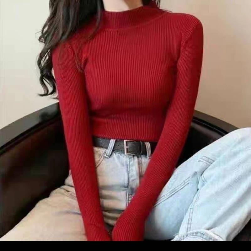 Осенние длинные рукава свитера женские полувысокий воротник вязаные свитера женские повседневные трикотажные топы однотонные облегающие зимние одежды 27972