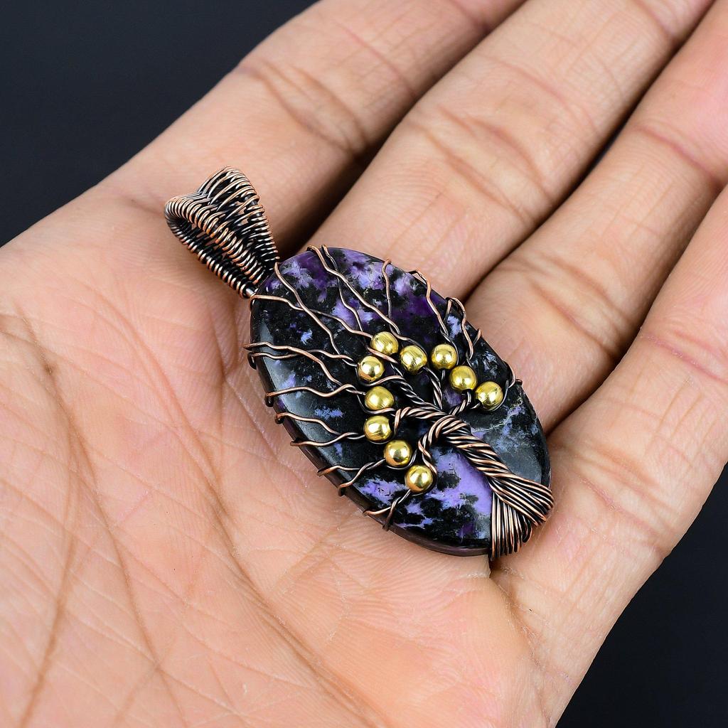 Charoite Handmade Gemstone Pendant, 999 Copper Wire Wrapped Pendant Antique Tree Of Life Jewelry, For Engagement Gift