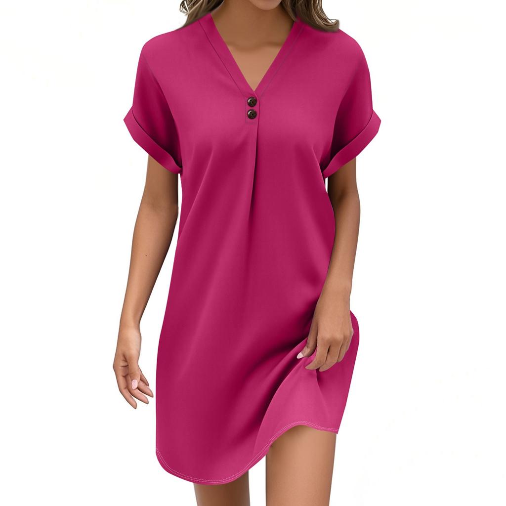 Women's Fashion V-neck Solid Color Pullover Casual Button Dress
