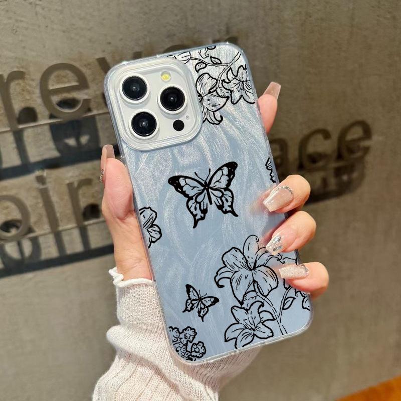 Прозрачный мягкий противоударный чехол с принтом бабочек для iPhone 16 Pro Max 15 14 Pro 13 12 11, блестящая жесткая задняя крышка из поликарбоната с перьями