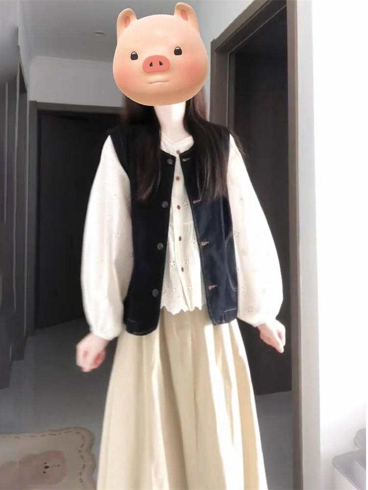 Женский осенний французский милый короткий джинсовый кардиган-жилет с полуюбкой и комплектом белой рубашки с длинным рукавом