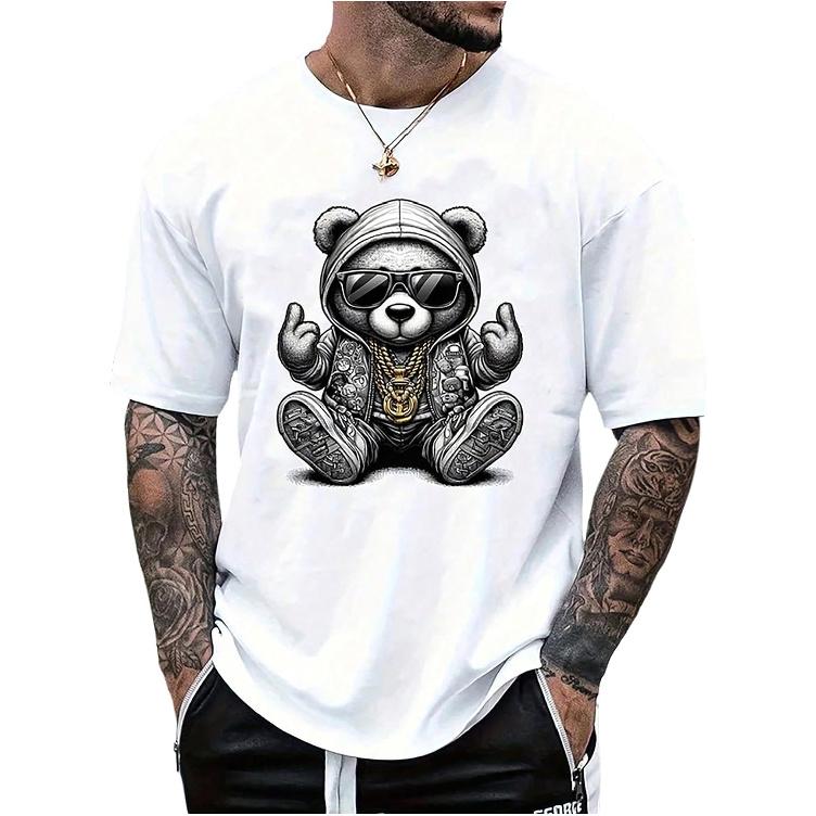 GORGLITTER Men's Tops Bear Print Short Sleeve Oversized Casual Summer Shirt