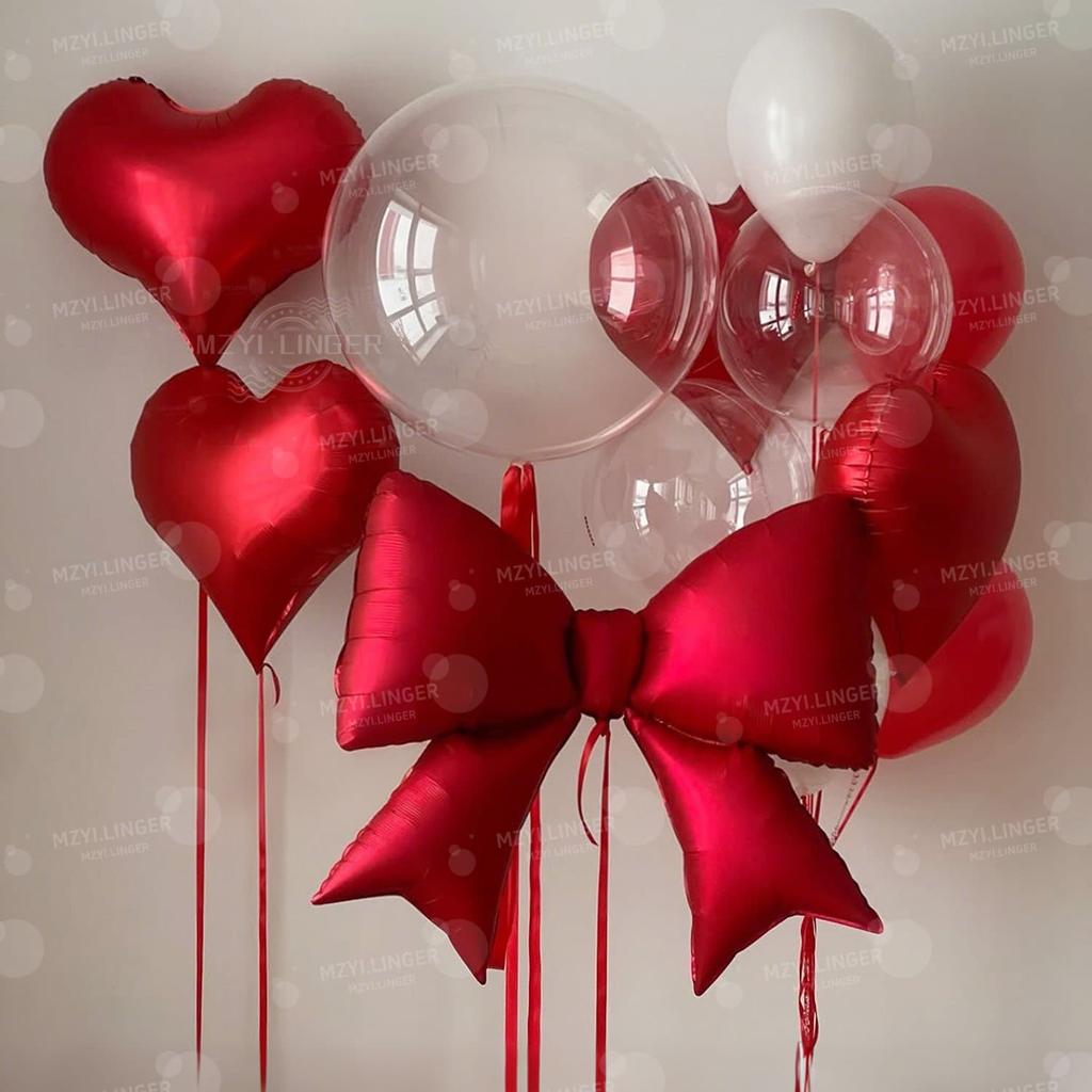 Bow Balloon and Red Heart Balloon Set Transparent Bobo Balloon for Valentine's Day Proposal Wedding Romantic Birthday Decor