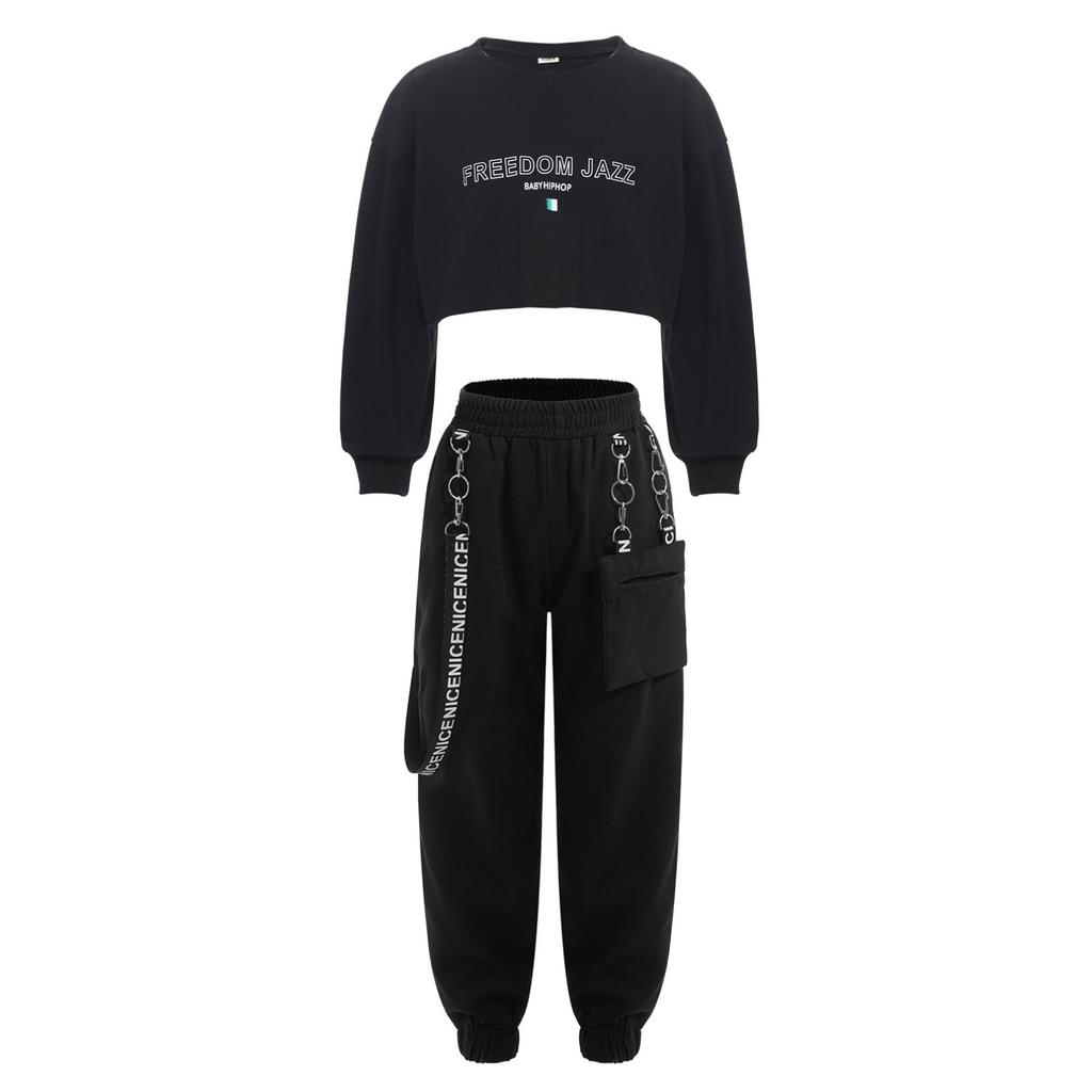 Детский укороченный топ с круглым вырезом и длинными рукавами с буквенным принтом для девочек и брюки для джазовых танцев, хип-хопа, скейтбординга